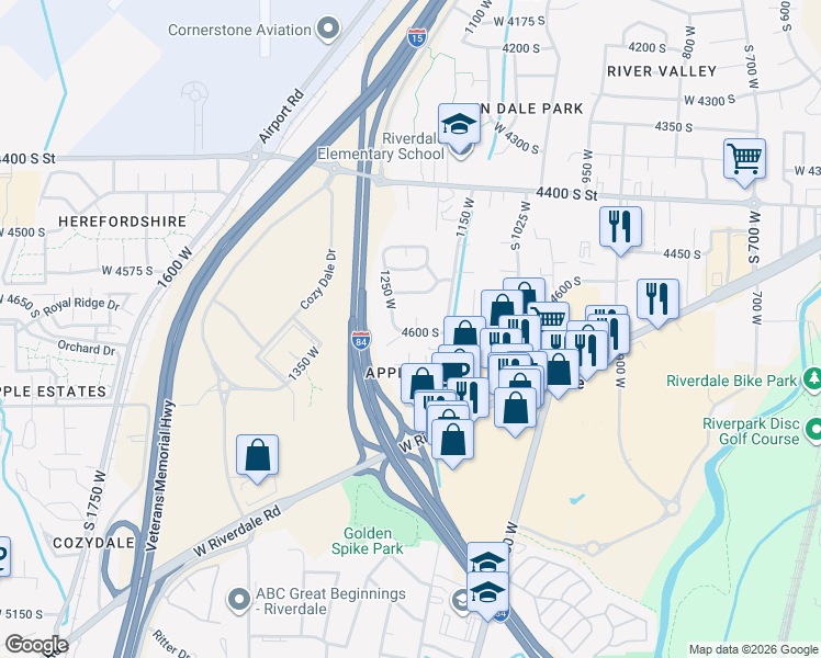 map of restaurants, bars, coffee shops, grocery stores, and more near 1232 4700 South in Riverdale