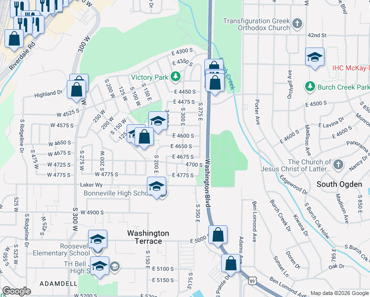 map of restaurants, bars, coffee shops, grocery stores, and more near 313 East 4650 South in Washington Terrace