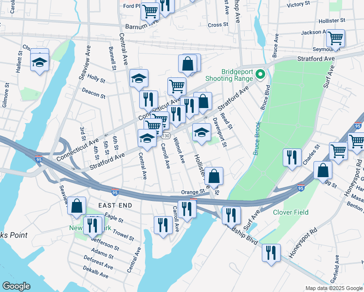 map of restaurants, bars, coffee shops, grocery stores, and more near 40 Wilmot Place in Bridgeport