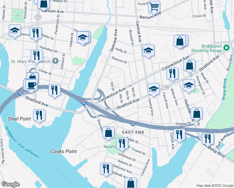 map of restaurants, bars, coffee shops, grocery stores, and more near 76 Baldwin Street in Bridgeport