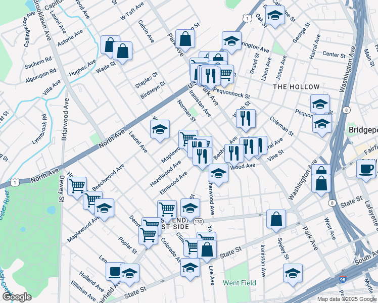 map of restaurants, bars, coffee shops, grocery stores, and more near 373 Wood Avenue in Bridgeport