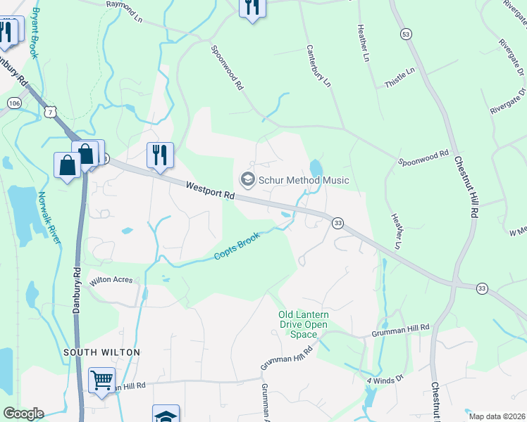 map of restaurants, bars, coffee shops, grocery stores, and more near 109 Westport Road in Wilton