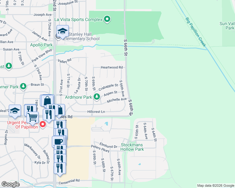 map of restaurants, bars, coffee shops, grocery stores, and more near 6610 Michelle Avenue in La Vista