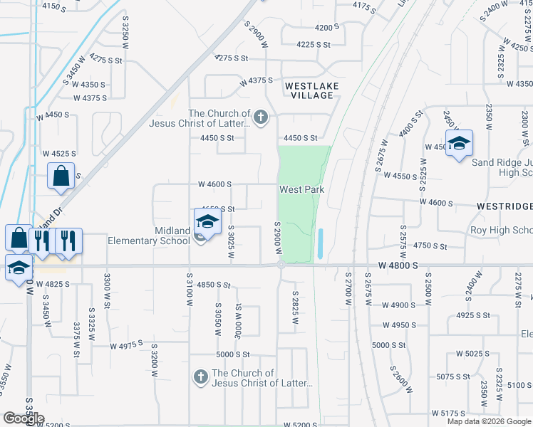 map of restaurants, bars, coffee shops, grocery stores, and more near 2953 4650 South Street in Roy