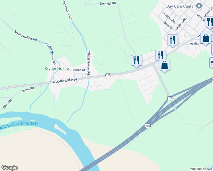 map of restaurants, bars, coffee shops, grocery stores, and more near 44 Custer Lane in Lock Haven