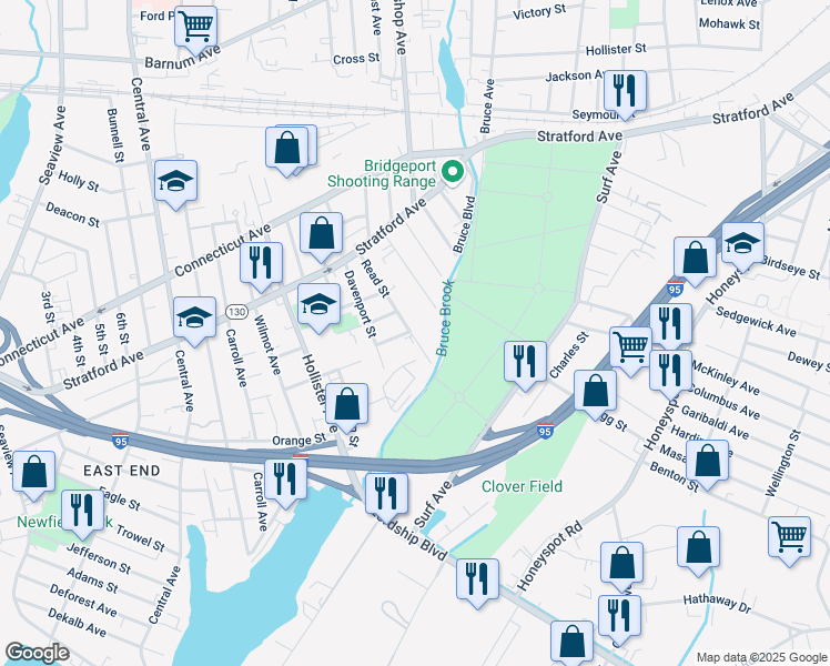 map of restaurants, bars, coffee shops, grocery stores, and more near 20 Read Street in Bridgeport