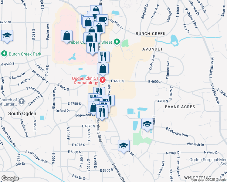 map of restaurants, bars, coffee shops, grocery stores, and more near 4698 Old Post Road in Ogden