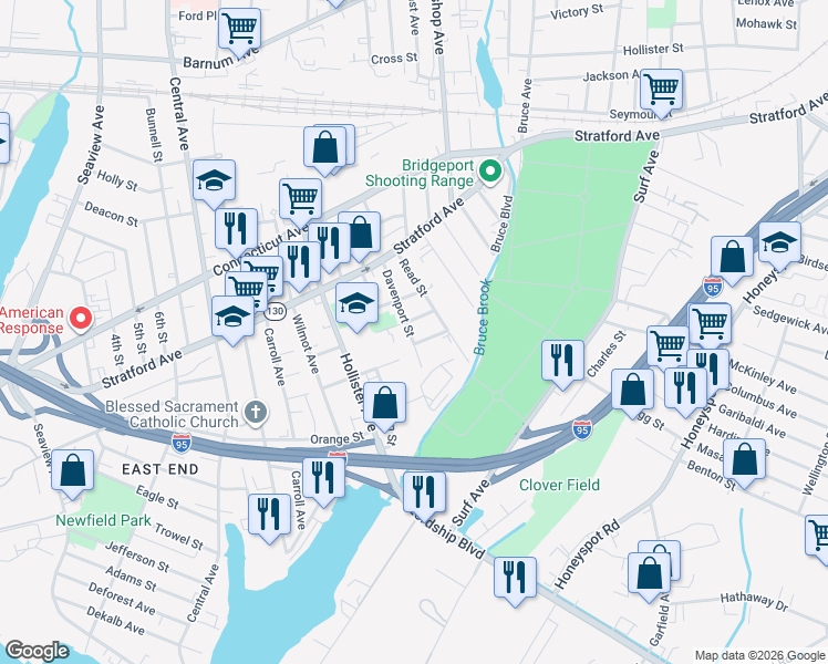 map of restaurants, bars, coffee shops, grocery stores, and more near 111 Davenport Street in Bridgeport