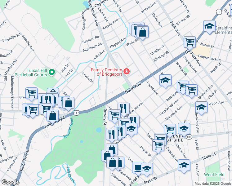 map of restaurants, bars, coffee shops, grocery stores, and more near 2400 North Avenue in Bridgeport