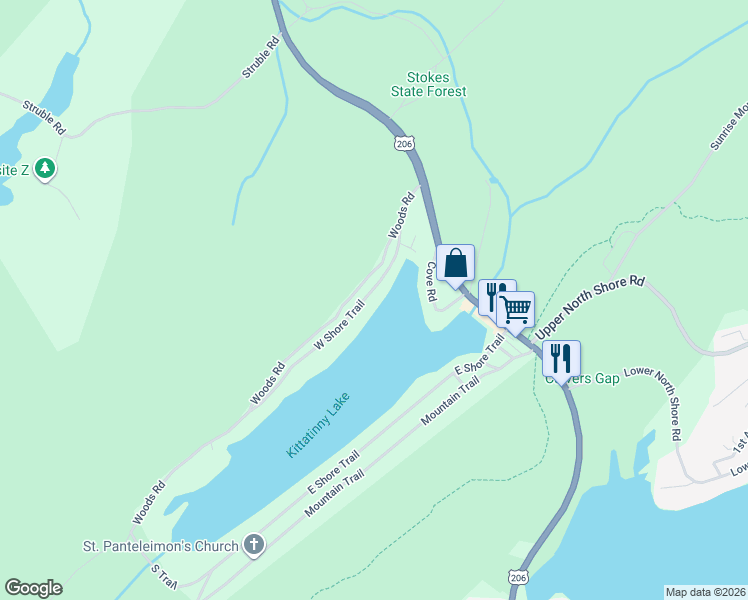 map of restaurants, bars, coffee shops, grocery stores, and more near 39 West Shore Trail in Sandyston