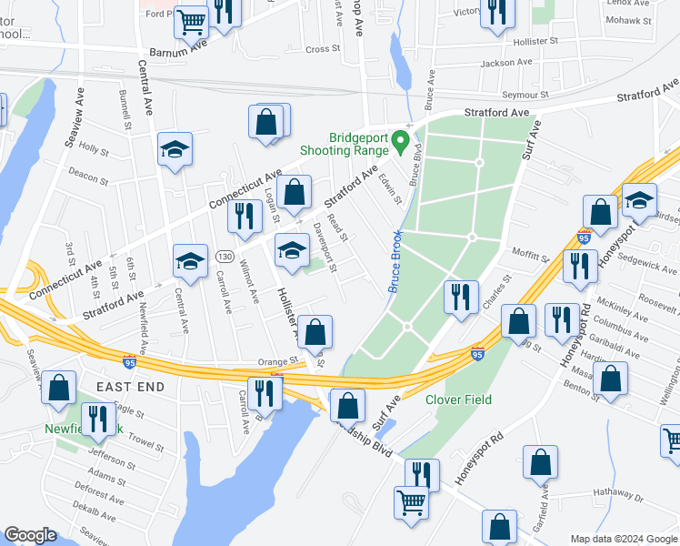 map of restaurants, bars, coffee shops, grocery stores, and more near 111 Davenport Street in Bridgeport