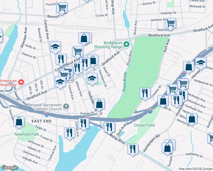 map of restaurants, bars, coffee shops, grocery stores, and more near 111 Davenport Street in Bridgeport
