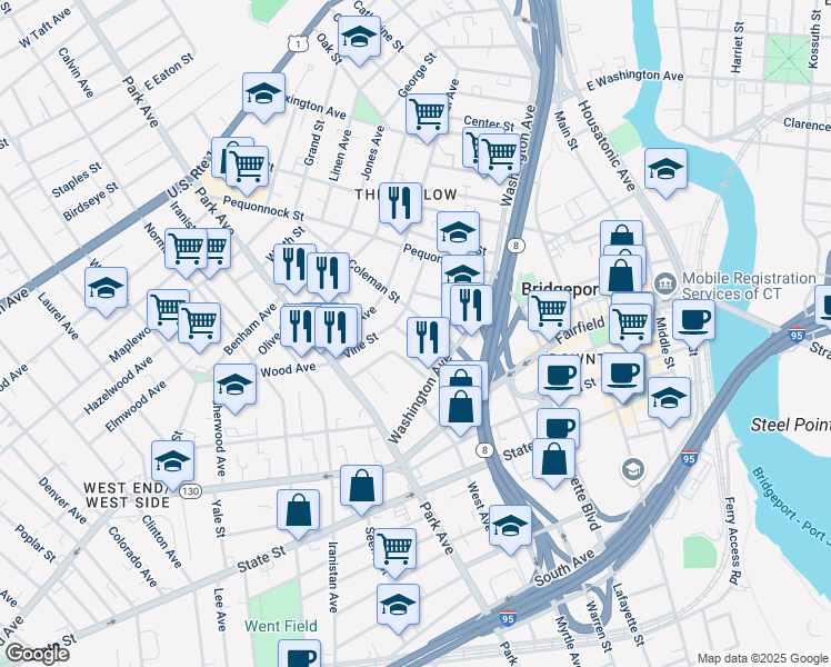 map of restaurants, bars, coffee shops, grocery stores, and more near 129 Washington Terrace in Bridgeport
