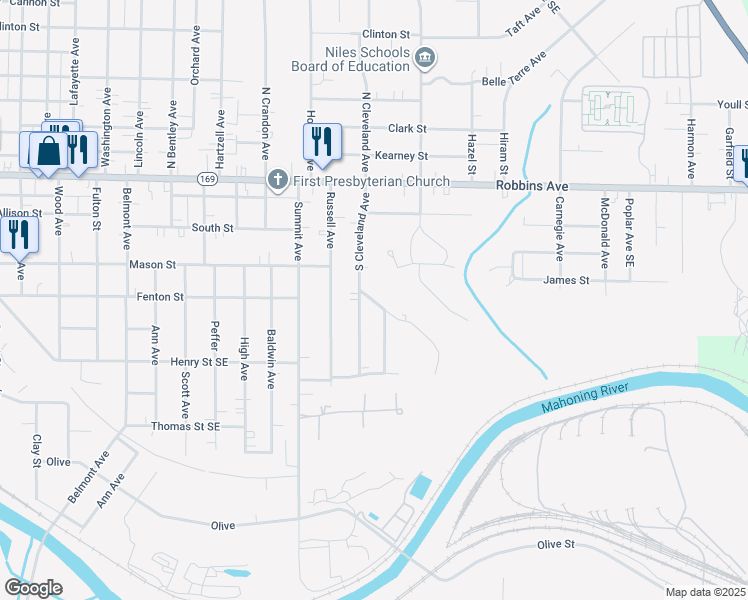 map of restaurants, bars, coffee shops, grocery stores, and more near 160 South Cleveland Avenue in Niles