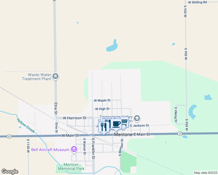 map of restaurants, bars, coffee shops, grocery stores, and more near 505 N Broadway St in Mentone