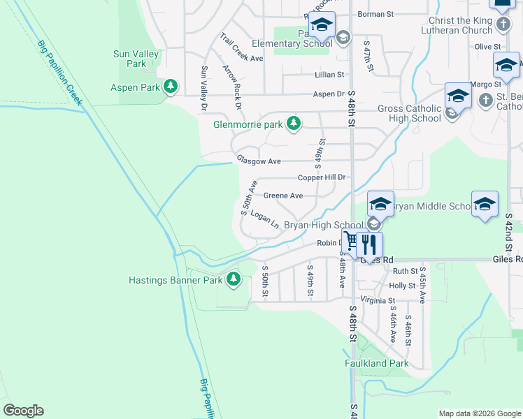 map of restaurants, bars, coffee shops, grocery stores, and more near 4953 Logan Lane in Omaha