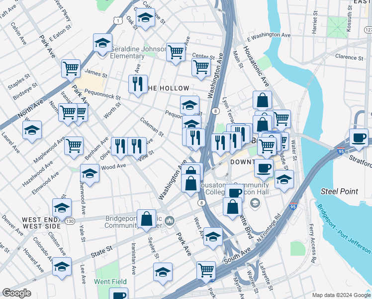 map of restaurants, bars, coffee shops, grocery stores, and more near in Bridgeport