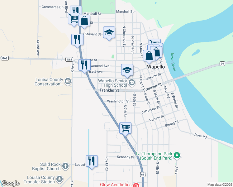 map of restaurants, bars, coffee shops, grocery stores, and more near 157-199 South Cedar Street in Wapello