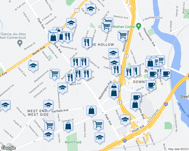 map of restaurants, bars, coffee shops, grocery stores, and more near 109 Vine Street in Bridgeport
