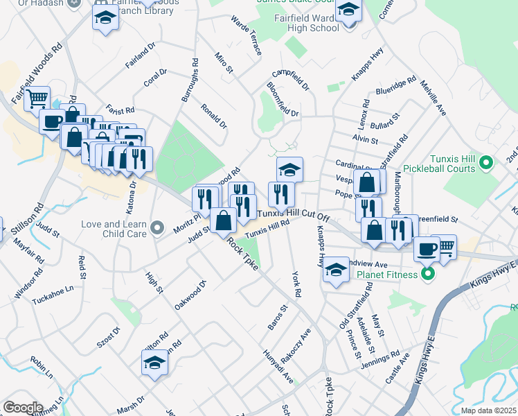 map of restaurants, bars, coffee shops, grocery stores, and more near 4 Cedarhurst Lane in Fairfield
