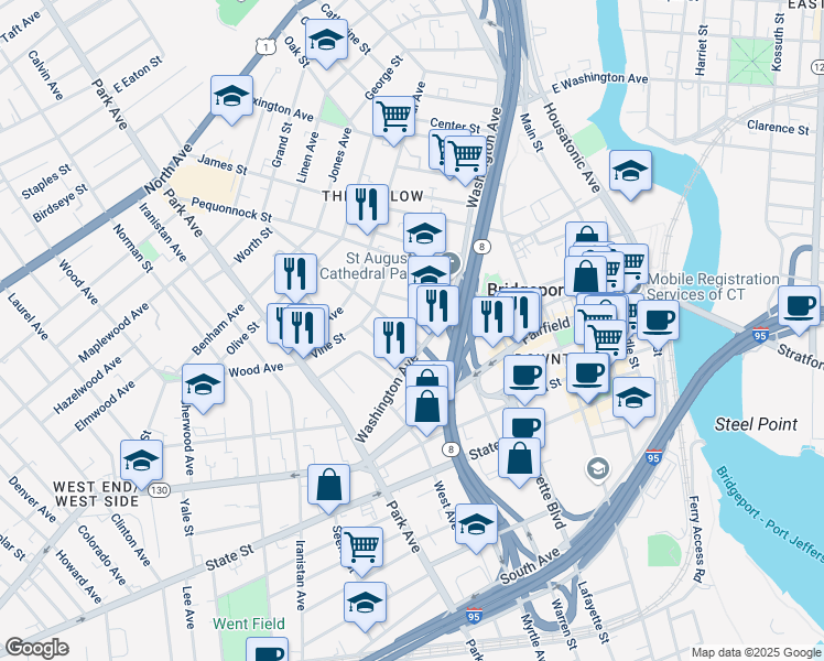 map of restaurants, bars, coffee shops, grocery stores, and more near 30 Coleman Street in Bridgeport