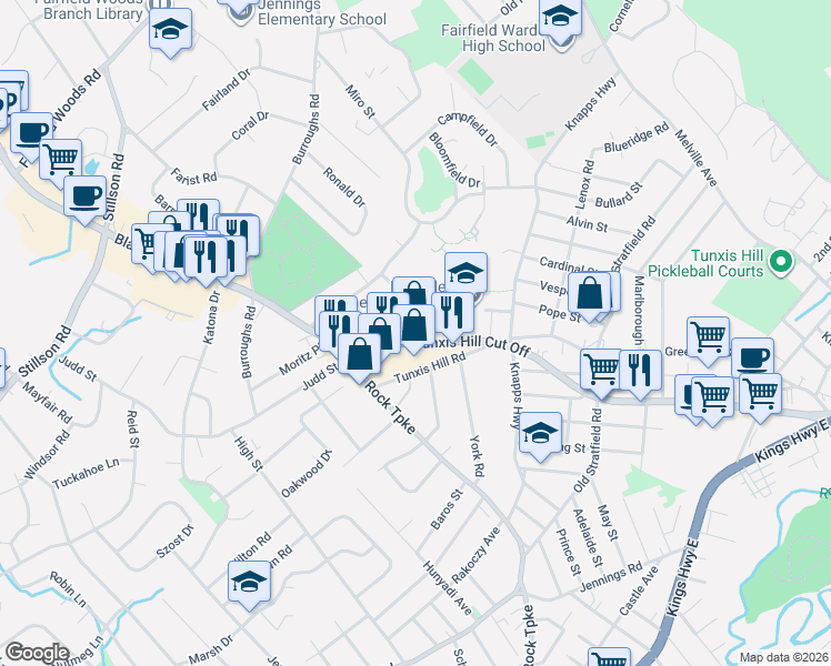 map of restaurants, bars, coffee shops, grocery stores, and more near 525 Tunxis Hill Cut Off in Fairfield
