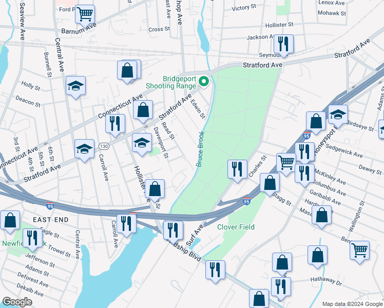 map of restaurants, bars, coffee shops, grocery stores, and more near 31 Read Street in Bridgeport