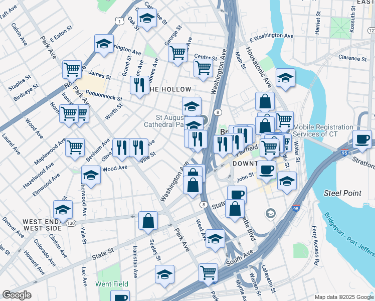 map of restaurants, bars, coffee shops, grocery stores, and more near in Bridgeport