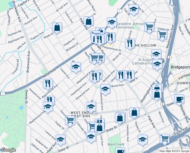 map of restaurants, bars, coffee shops, grocery stores, and more near 41 Benham Avenue in Bridgeport