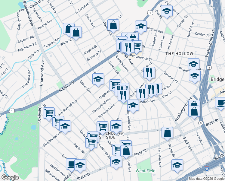 map of restaurants, bars, coffee shops, grocery stores, and more near 365 Wood Avenue in Bridgeport