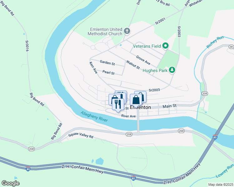 map of restaurants, bars, coffee shops, grocery stores, and more near 701-705 Hill St in Emlenton