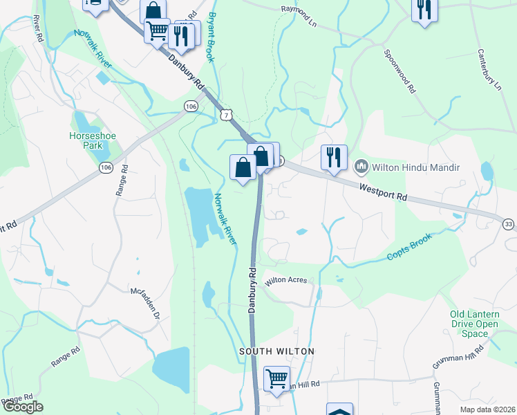 map of restaurants, bars, coffee shops, grocery stores, and more near 76 Wilton Hills in Wilton