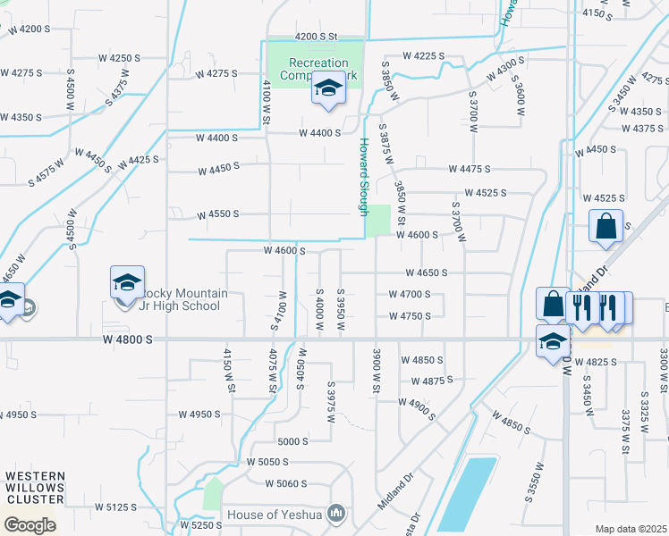 map of restaurants, bars, coffee shops, grocery stores, and more near 4645 South 3950 West in Roy