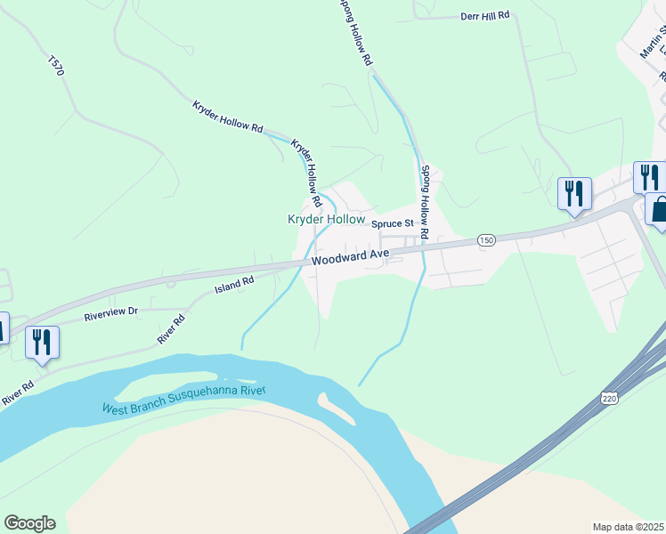 map of restaurants, bars, coffee shops, grocery stores, and more near 2759 Woodward Avenue in Lock Haven