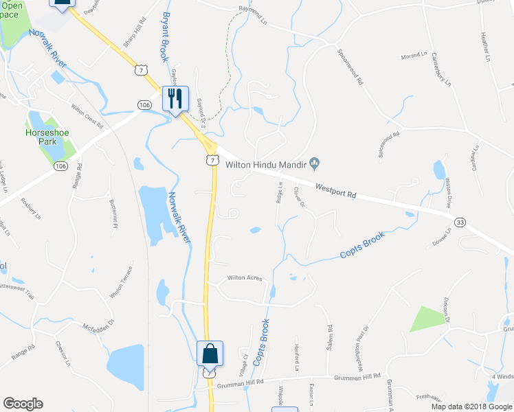 map of restaurants, bars, coffee shops, grocery stores, and more near 17 Ridge Lane in Wilton
