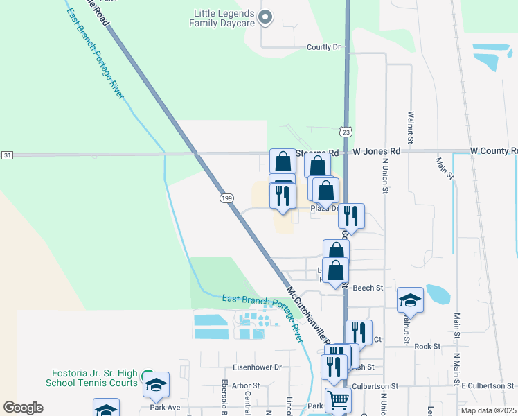 map of restaurants, bars, coffee shops, grocery stores, and more near 660 Plaza Drive in Fostoria