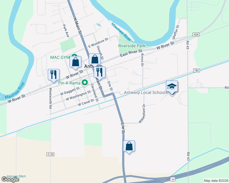 map of restaurants, bars, coffee shops, grocery stores, and more near 205 Erie Street in Antwerp