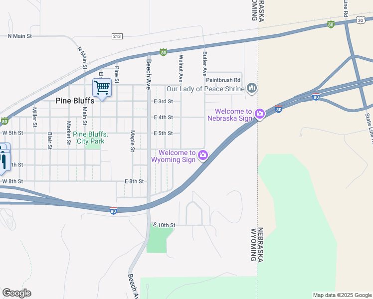 map of restaurants, bars, coffee shops, grocery stores, and more near 505 Walnut Ave in Pine Bluffs