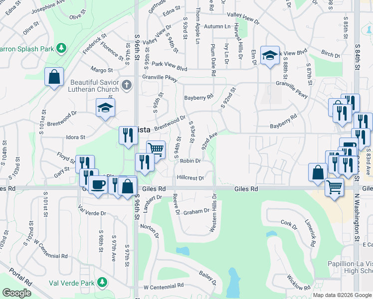 map of restaurants, bars, coffee shops, grocery stores, and more near 8107 South 93rd Street in La Vista