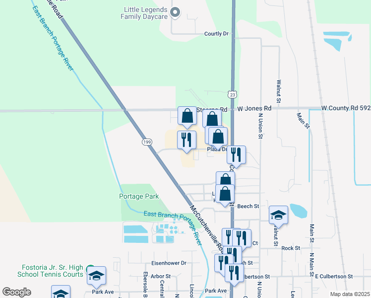 map of restaurants, bars, coffee shops, grocery stores, and more near 620 Plaza Drive in Fostoria