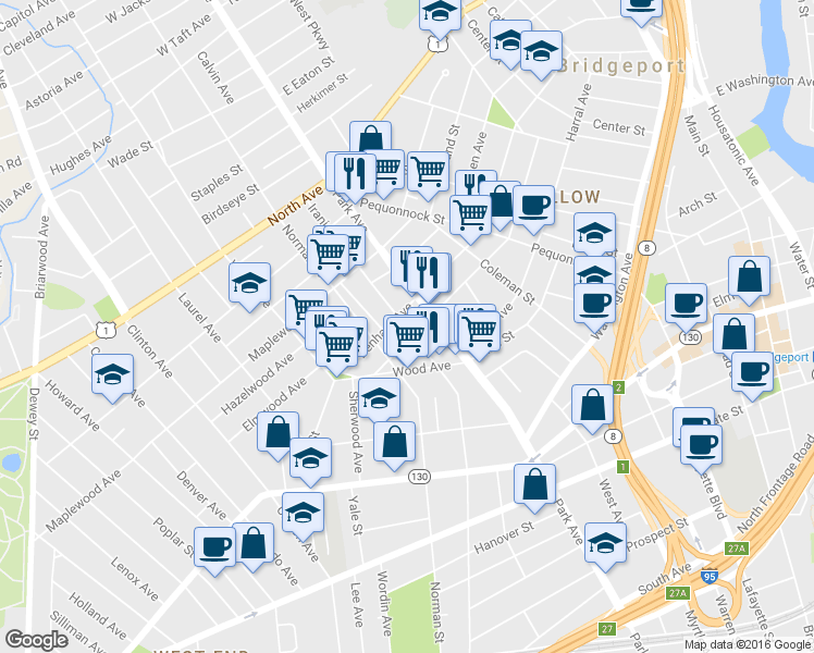 map of restaurants, bars, coffee shops, grocery stores, and more near 1362 Iranistan Avenue in Bridgeport