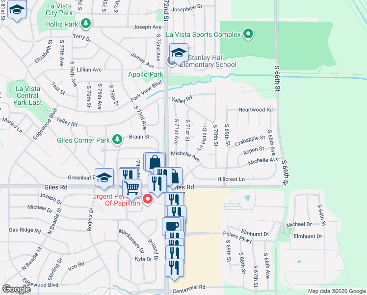 map of restaurants, bars, coffee shops, grocery stores, and more near 7817 South 71st Avenue in La Vista