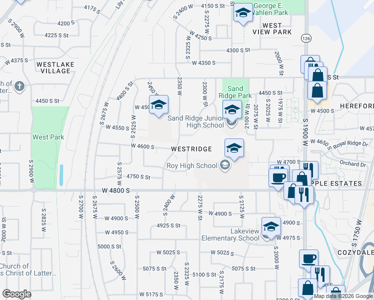 map of restaurants, bars, coffee shops, grocery stores, and more near 2320 4600 South Street in Roy