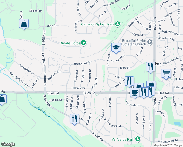 map of restaurants, bars, coffee shops, grocery stores, and more near 8028 South 104th Street in La Vista