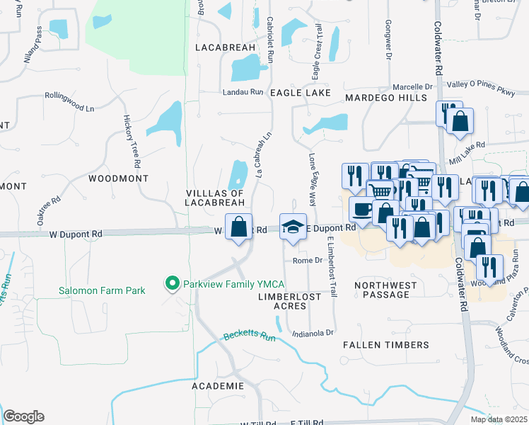 map of restaurants, bars, coffee shops, grocery stores, and more near 10417 Tesoro Cove in Fort Wayne