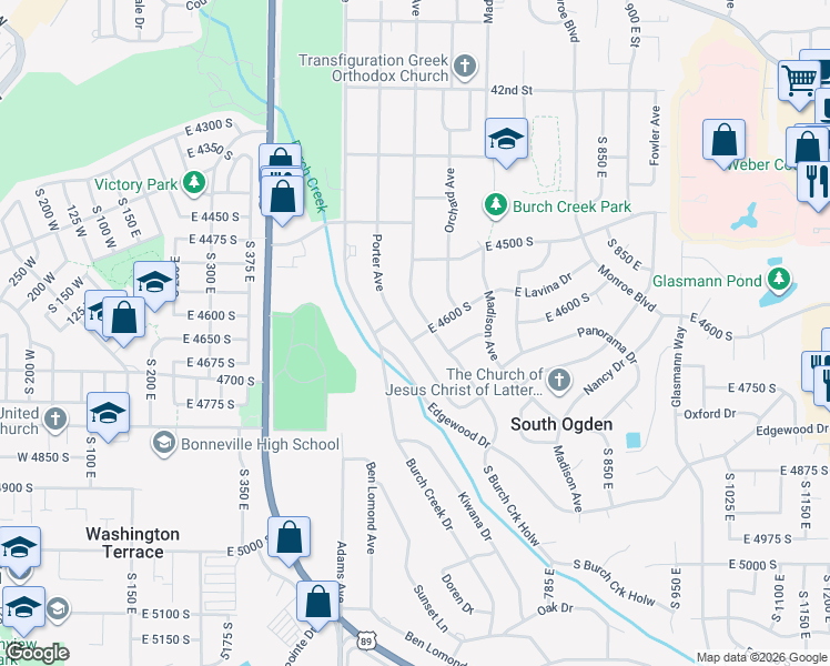 map of restaurants, bars, coffee shops, grocery stores, and more near 4616 Porter Avenue in Ogden