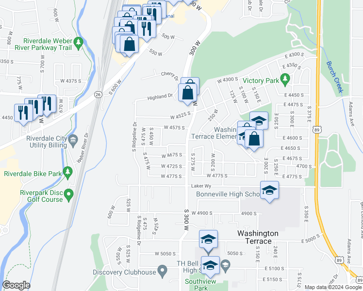 map of restaurants, bars, coffee shops, grocery stores, and more near 350 West 4650 South in Ogden