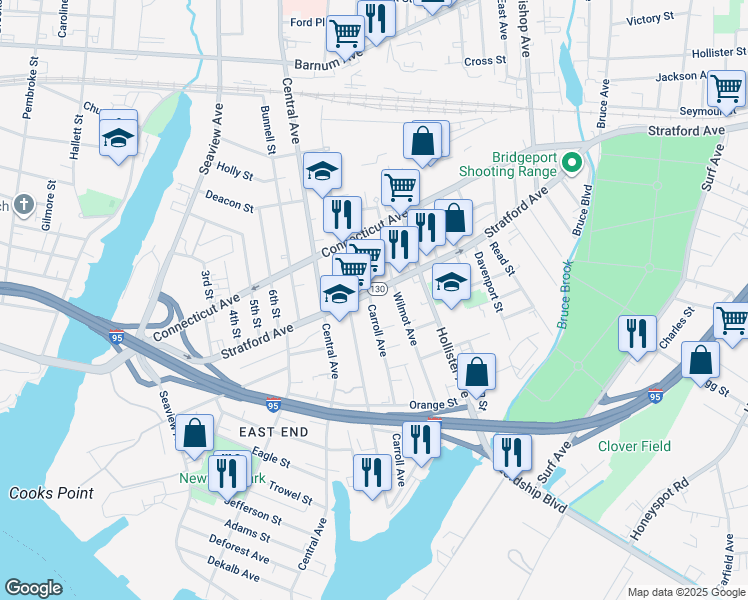 map of restaurants, bars, coffee shops, grocery stores, and more near 503 Carroll Avenue in Bridgeport