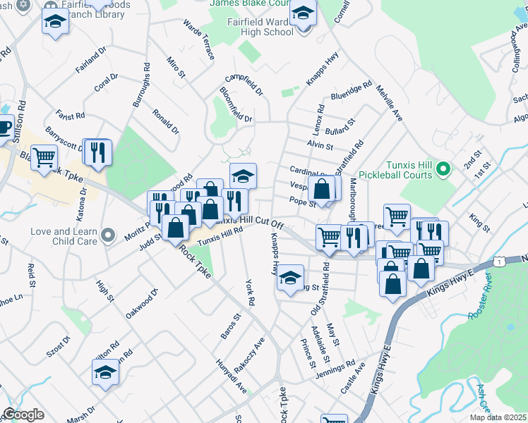 map of restaurants, bars, coffee shops, grocery stores, and more near 6 Thompson Street in Fairfield