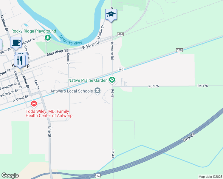 map of restaurants, bars, coffee shops, grocery stores, and more near 303 Harrmann Road in Antwerp